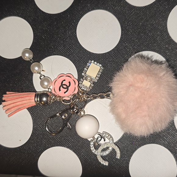 Chic Pink Pom Pom Keychain with Chanel Stamped Charm 1 Of A Kind - Picture 1 of 5